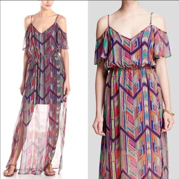 Ella Moss Mazatlan Dress Silk Semi Sheer Maxi Cold Shoulder Summer Women XS - Picture 1 of 16